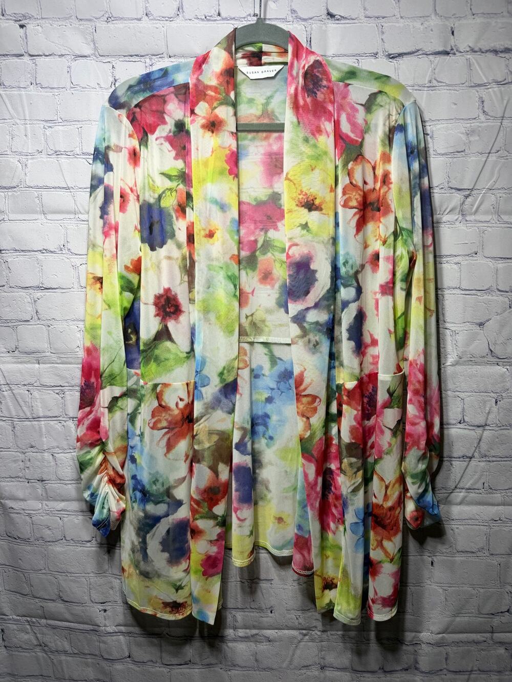 Susan Graver Sheer Floral Cardigan Multi Sz LP Casual Layer